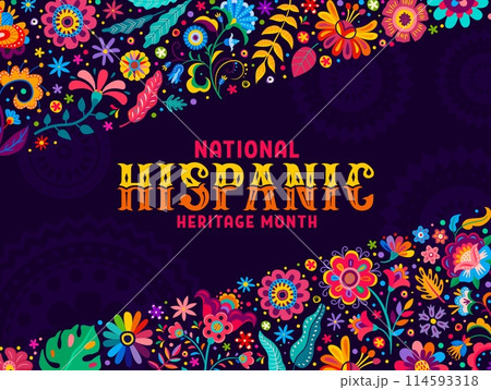 Tropical flowers background for national Hispanic heritage month, vector banner. Latin Americans Hispanic heritage month holiday or festival of tradition and ethnic art banner with floral ornament 114593318