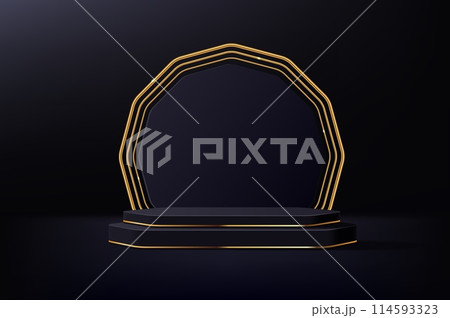 Black podium stage with golden arch frame. Vector geometric pedestal with gold accents. Elegant background in minimalist style with realistic 3d for high-end cosmetic products presentations or events 114593323