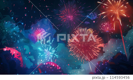 花火の水彩イラスト。夏の風景 花火の水彩イラスト。夏の風景 114593456