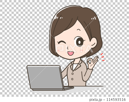 一位女商人在電腦前擺姿勢的插圖 114593516