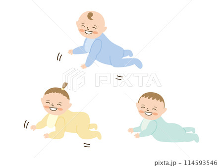 笑顔でハイハイする3人の赤ちゃん 114593546