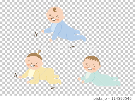 Three smiling babies crawling Three smiling babies crawling 114593546