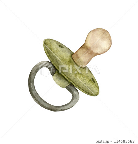 Watercolor children's drawing of a green pacifier for newborn babies. Illustration hand drawn on isolated background for cards, interior, stickers, textiles, design, invitations. 114593565