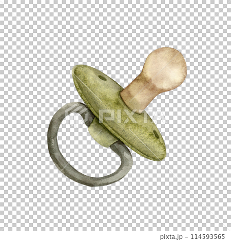 Watercolor children's drawing of a green pacifier for newborn babies. Illustration hand drawn on isolated background for cards, interior, stickers, textiles, design, invitations. 114593565