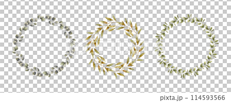 Set of watercolor round botanical wreaths from different green plants. Isolated hand drawn illustration for cards, stickers, textiles, design, invitations, logos, decorations 114593566