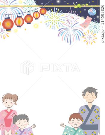 浴衣姿の家族と夏祭りの背景イメージ 花火 縦 浴衣姿の家族と夏祭りの背景イメージ 花火 縦 114593826