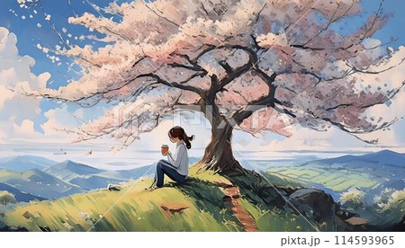 桜の木の下でコーヒーを飲む女性 114593965