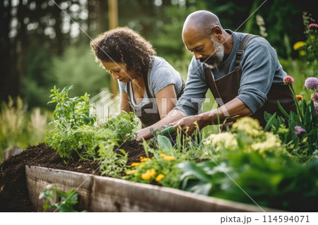 Mixed race middle age couple green gardening Mixed race middle age couple green gardening 114594071