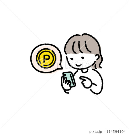スマホでポイントを確認する女性のイラスト素材 スマホでポイントを確認する女性のイラスト素材 114594104
