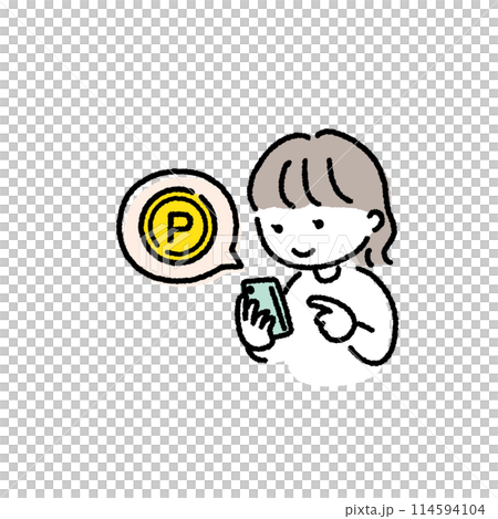スマホでポイントを確認する女性のイラスト素材 スマホでポイントを確認する女性のイラスト素材 114594104