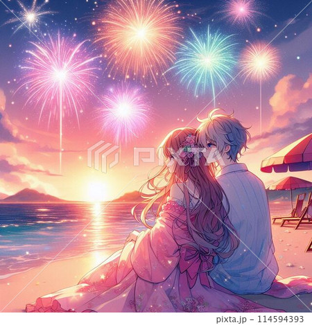 花火を見るカップル 114594393