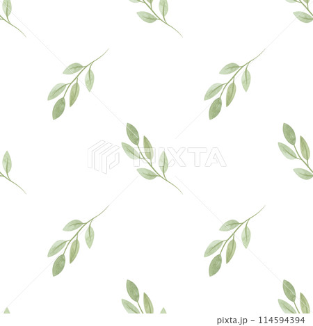 Cute spring soft green twigs with leaves in sketch style. Seamless watercolor pattern for fabric, wallpaper, wrapping paper, packaging cosmetics, tablecloths, curtains and home textiles. 114594394