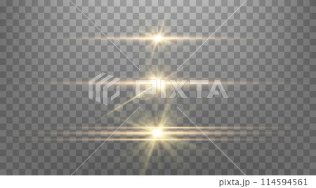 Gold horizontal lens flare. Sun flash with rays or gold spotlight and bokeh. Yellow glow flare light effect. Vector illustration. 114594561