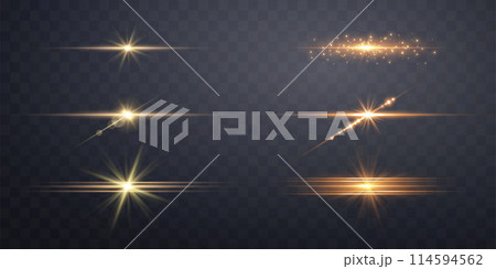 Gold horizontal lens flares set. Sun flash with rays or gold spotlight and bokeh. Yellow glow flare light effect. Vector illustration. 114594562