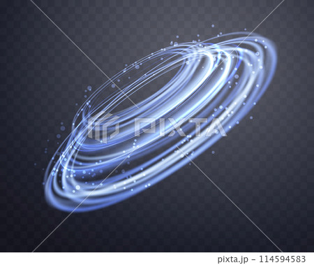 Blue magic glowing ring. Neon realistic energy flare halo ring. Abstract light effect on a dark transparent background. Vector illustration. 114594583