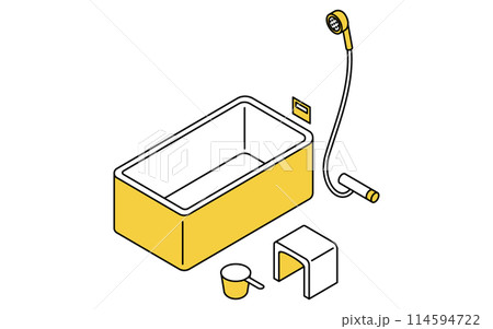 浴室:浴槽・シャワー・椅子と手桶、アイソメトリックイラスト 浴室:浴槽・シャワー・椅子と手桶、アイソメトリックイラスト 114594722