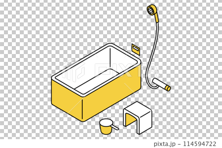 Bathroom: bathtub, shower, chair and bucket, isometric illustration 114594722
