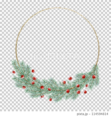 Pine tree branches with red berries round wreath with golden frame template watercolor illustration isolated on white background for winter holidays greeting cards and floral New Year stickers 114594814