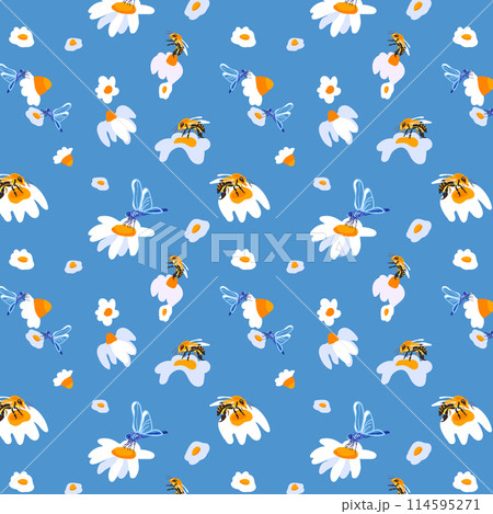 Summer background daisy bee Light blue seamless pattern spring white meadow flower ornament wrapping fabric wallpaper textile mosaic Summer background daisy bee Light blue seamless pattern spring white meadow flower ornament wrapping fabric wallpaper textile mosaic 114595271