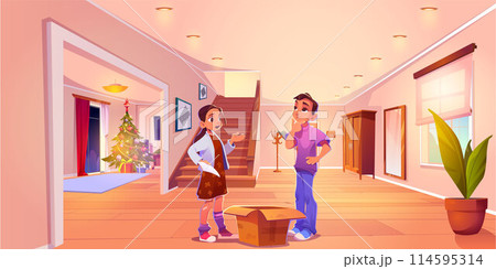 Couple making list of Christmas gifts at home Couple making list of Christmas gifts at home 114595314