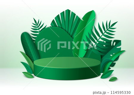 Green cylinder product podium with paper cut leaf. Green cylinder product podium with paper cut leaf. 114595330