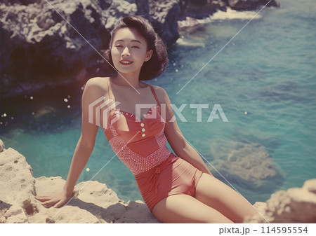 昭和の水着の若い女性 114595554