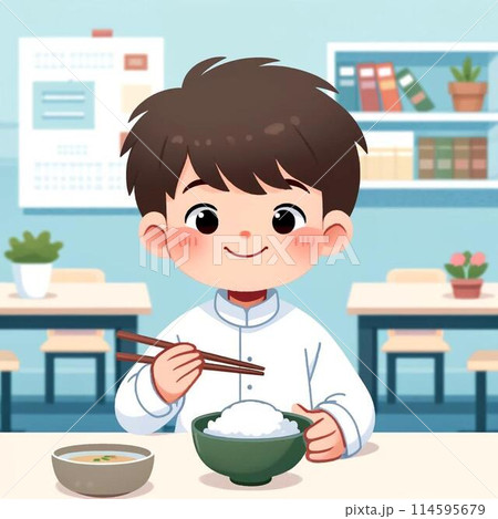 男の子が学校でご飯を食べている 114595679