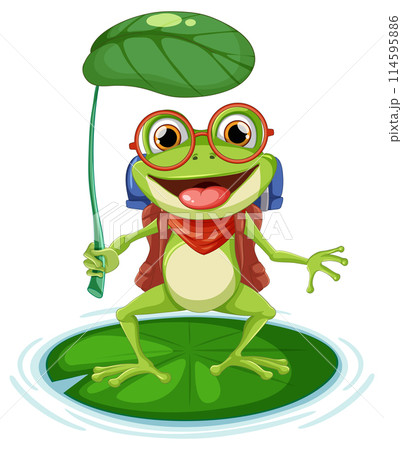 Cheerful Frog with Umbrella on Lily Pad 114595886