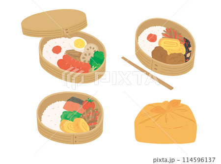 曲げわっぱ弁当箱の手描きイラストセット(カラー/主線なし) 曲げわっぱ弁当箱の手描きイラストセット(カラー/主線なし) 114596137