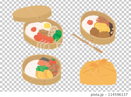 曲げわっぱ弁当箱の手描きイラストセット(カラー/主線なし) 曲げわっぱ弁当箱の手描きイラストセット(カラー/主線なし) 114596137