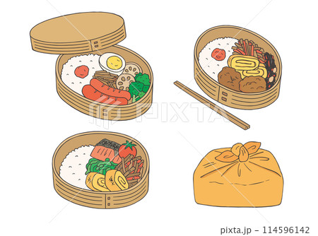 曲げわっぱ弁当箱の手描きイラストセット(カラー) 曲げわっぱ弁当箱の手描きイラストセット(カラー) 114596142