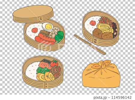曲げわっぱ弁当箱の手描きイラストセット(カラー) 曲げわっぱ弁当箱の手描きイラストセット(カラー) 114596142