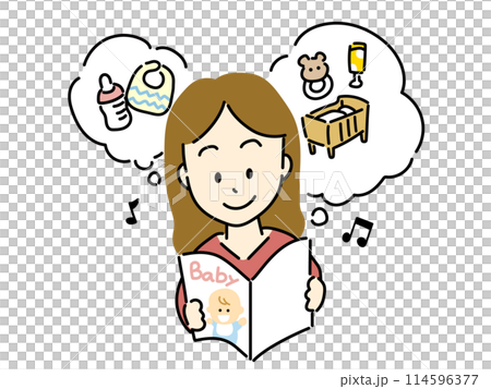 Woman looking at a baby magazine Woman looking at a baby magazine 114596377