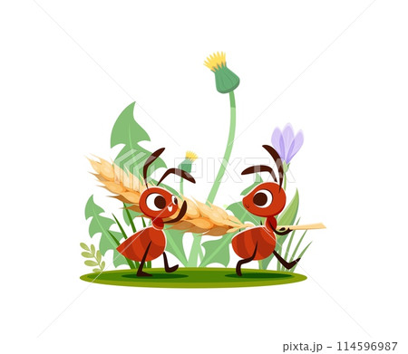 Cartoon ants carry wheat ear for food in meadow grass, vector funny insect characters. Happy ants carrying wheat spikelet to anthill nest walking among field flowers, child cartoon illustration 114596987