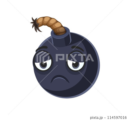 Cartoon bomb character with sad facial expression and an unlit, tattered fuse on top. Isolated vector unhappy explosive weapon emoji with gloomy face, burnt out wick, featuring large, expressive eyes 114597016