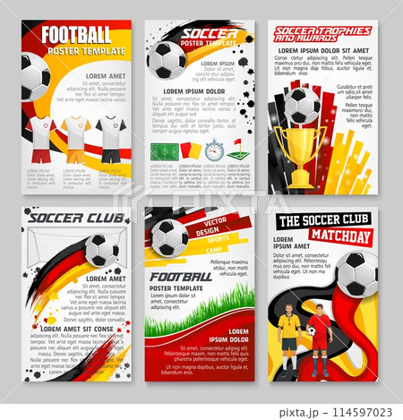 Germany 2024 euro soccer cup posters. Vector football-themed templates with colorful backgrounds, soccer balls, grass, trophy and team players. Layouts promote sports events, clubs, and championships Germany 2024 euro soccer cup posters. Vector football-themed templates with colorful backgrounds, soccer balls, grass, trophy and team players. Layouts promote sports events, clubs, and championships 114597023