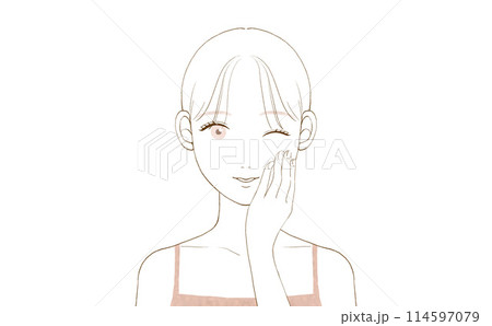 手を添えている笑顔の女性	 114597079