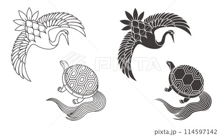 鶴と亀のイラスト素材セット ベクター 敬老の日 健康 長寿 白背景 白黒 114597142