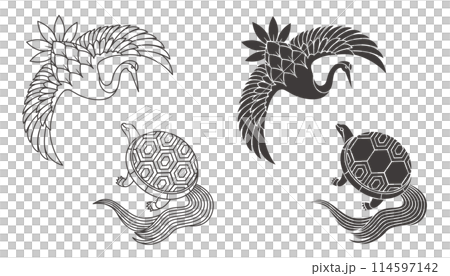 鶴と亀のイラスト素材セット ベクター 敬老の日 健康 長寿 白背景 白黒 114597142