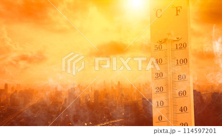 city hot temperature ,Thermometer on yellow sky with sun shining in summer show higher Weather, concept global warming city hot temperature ,Thermometer on yellow sky with sun shining in summer show higher Weather, concept global warming 114597201