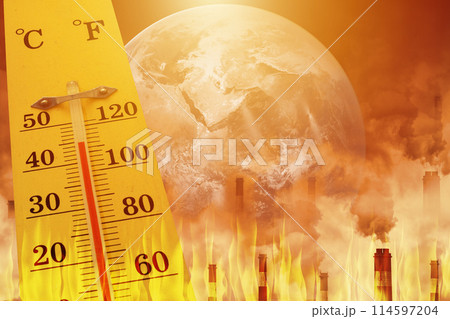 city hot temperature ,Thermometer on yellow sky with sun shining in summer show higher Weather, concept global warming, Element from NASA city hot temperature ,Thermometer on yellow sky with sun shining in summer show higher Weather, concept global warming, Element from NASA 114597204