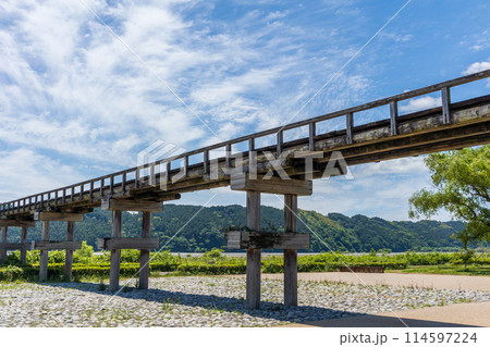 蓬莱橋から増水した大井川を望む 114597224