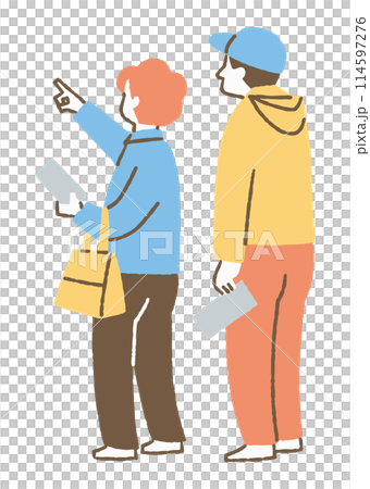 一對夫婦在展覽中觀看一幅畫並指著它_color 114597276