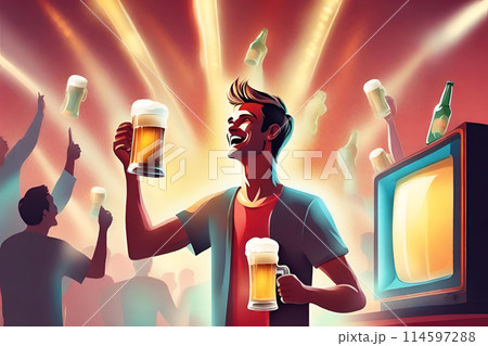 Beer party, festial. Contemporary art collage of male with TV instead head isolated over red background. Beer Beer party, festial. Contemporary art collage of male with TV instead head isolated over red background. Beer 114597288