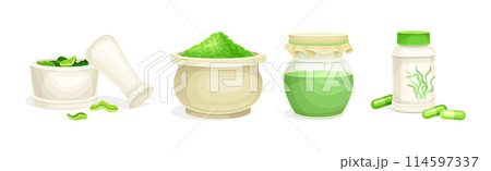 Spirulina Green Organic Healthy Food Supplement Vector Set 114597337