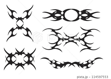 Set Neo tribal y2k aesthetic tattoo gothic cover, fire or wings abstract silhouette isolated on background. Divider, border, cyber body ornament, neotribal web goth decoration Set Neo tribal y2k aesthetic tattoo gothic cover, fire or wings abstract silhouette isolated on background. Divider, border, cyber body ornament, neotribal web goth decoration 114597553