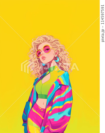 レトロポップなカラーの女の子のイラストのイラスト素材 [114597591