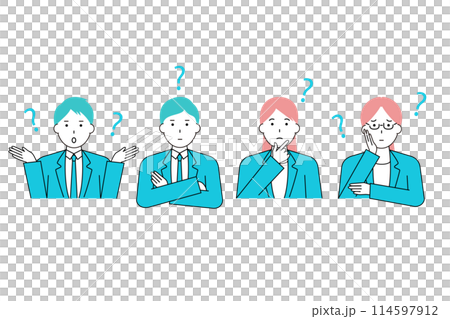 Icon set of businessmen and businesswomen with doubts and worries 114597912