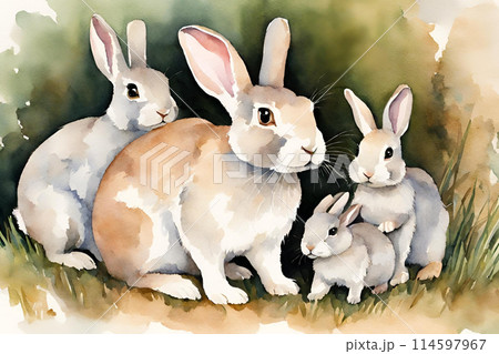 Art watercolor painting of rabbit mother with cute bunnies 114597967