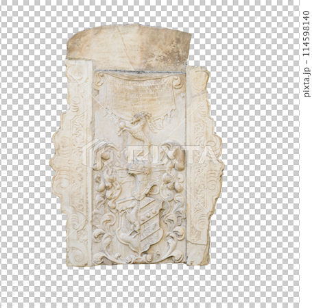 the old tombstones and reliefs on the wall 114598140